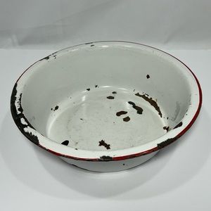 Porcelain Enamelware White Red Rim Farmhouse Bowl Basin Pan Dish MCM Vintage